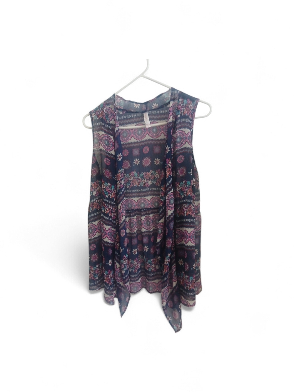 Sleeveless Bohemian Print Sheer Open Front Smock - Purple Floral
